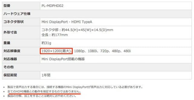 PLANEX Mini Displayport  HDMI変換アダプタ 仕様